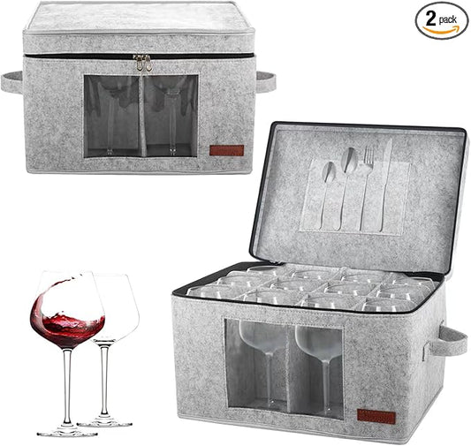 2 Pack Wine Glass Storage Box with Dividers, Stemware Storage Containers for Packing and Moving, China Storage Containers Box for 12 Crystal Glassware, Wine Glasses, Drinkware,Light Gray-NeatNest