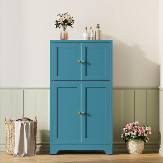 Bathroom Floor Storage Cabinet, Freestanding Accent Cabinets with 4 Doors and 2 Adjustable Shelves,Teal Blue Metal Locker Cabinets for Restroom, Kitchen,Living Room,Hallway