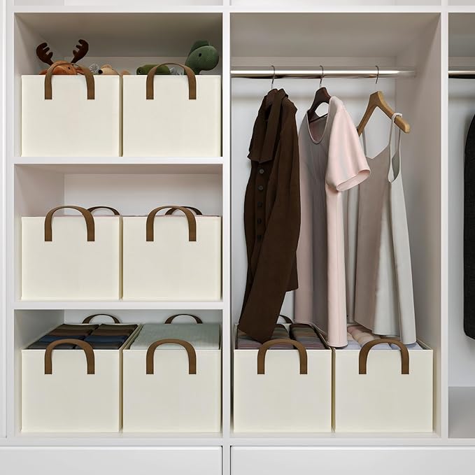 Closet Storage Bins, Fabric Closet Organizers and Storage Basket for Shelves, Collapsible Shelf Baskets for Organizing Shelves, Bedroom Clothes Basket, Beige, 3 Pack-NeatNest