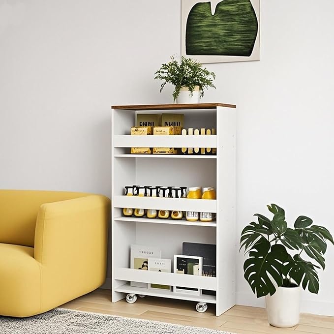 POWERSTONE 4-Tier Slim Storage Cart, Narrow Kitchen Rolling Cart w/Handle & Open Shelves, Skinny Slide Out Utility Organizer Trolley for Kitchen Bathroom Laundry Small Spaces White & Rustic Brown