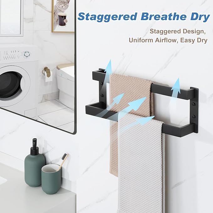 Alise Double-Layer Towel Bar, Matte Black Towel Racks for Bathroom Wall Mounted, Stainless Steel Bathroom Towel Holder, Modern Space Saving Towel Rod, 16"