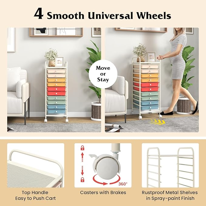 Giantex 10-Drawer Rolling Storage Cart w/Wheels, Handle, Removable Drawers, Mobile Organizer Storage Unit, Trolley Utility Cart for Home Kitchen Makeup Living Room Office Play Room