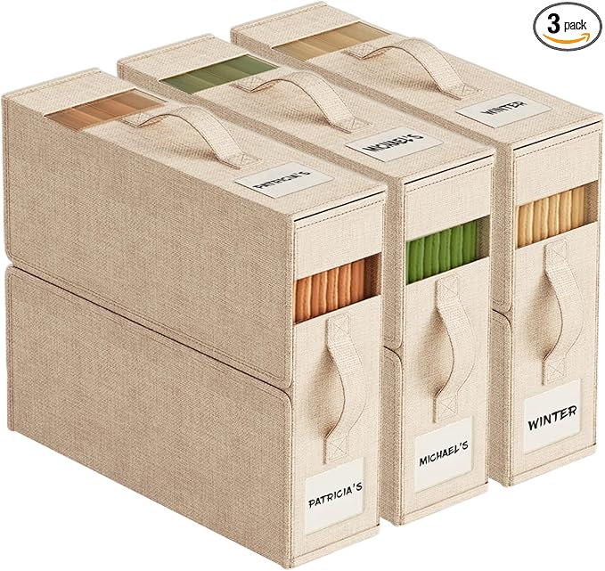3Pack Sheet Organizers and Storage with Handles – Foldable Linen Closet Storage for King & Queen Sheet Sets – Clear Window & Removable Labels – Dustproof & Space-Saving Design, Beige-NeatNest