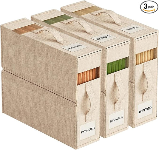 3Pack Sheet Organizers and Storage with Handles – Foldable Linen Closet Storage for King & Queen Sheet Sets – Clear Window & Removable Labels – Dustproof & Space-Saving Design, Beige-NeatNest