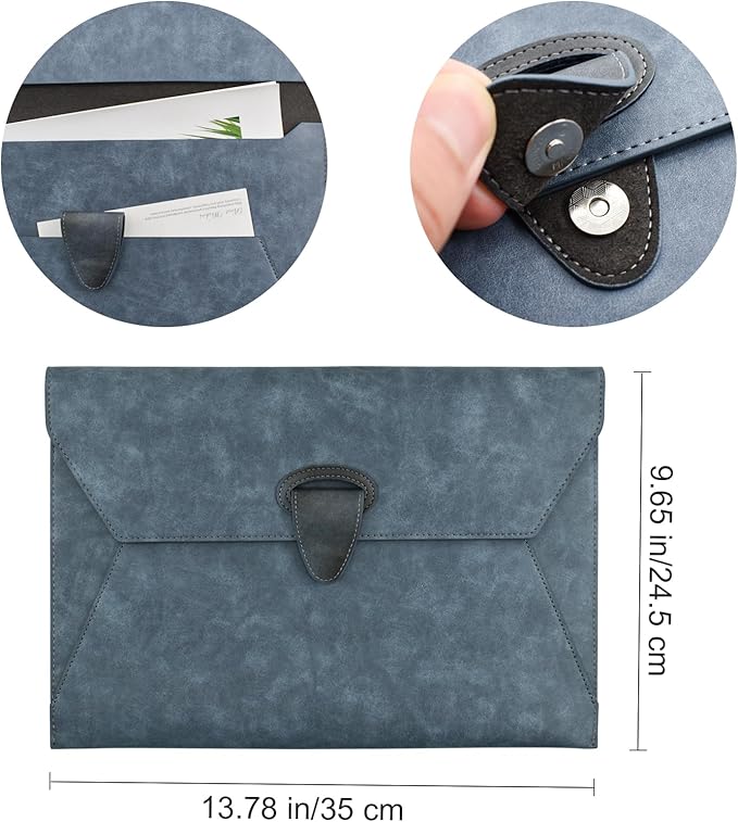 VANRA PU Leather File Folder Document Organizer Holder Waterproof Filing Envelope Case with 2 Pockets, A4 Portfolio Folder with Magnetic Snap Button Closure (Blue)