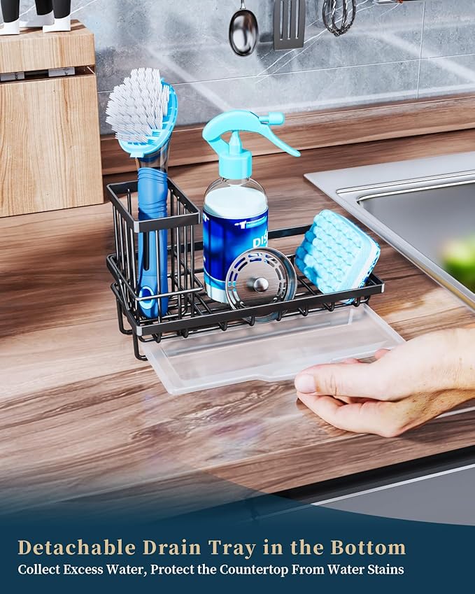 Consumest Sponge Holder for Kitchen Sink - Kitchen Sink Caddy Organizer with Removable Drip Tray for Countertop Dish Soap Dispenser Brush Storage Accessories 304 Stainless Steel - Black-NeatNest