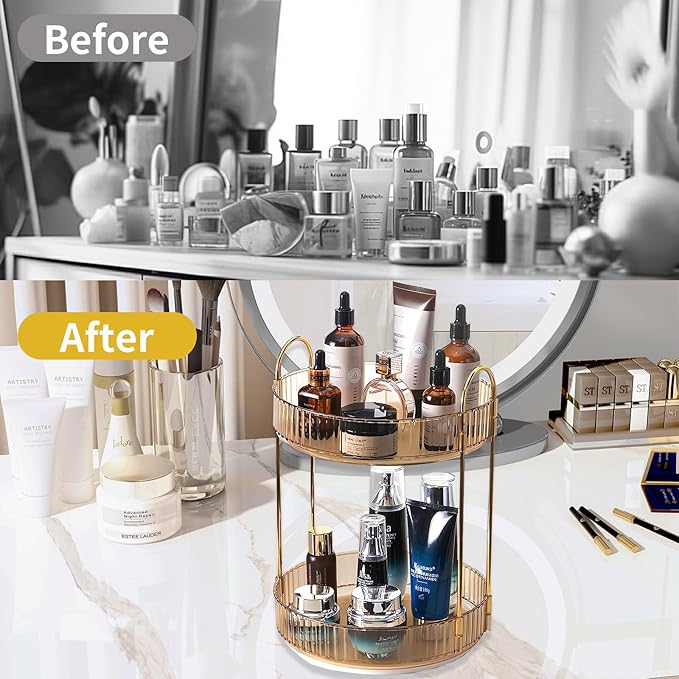 360 Rotating Gold Makeup Organizer,2 Tier Large Capacity Rotating Makeup Organizer,SkincarePerfume Organizer,Bathroom Cosmetics Storage Organizer Countertop (Gold-2 Tier)-NeatNest