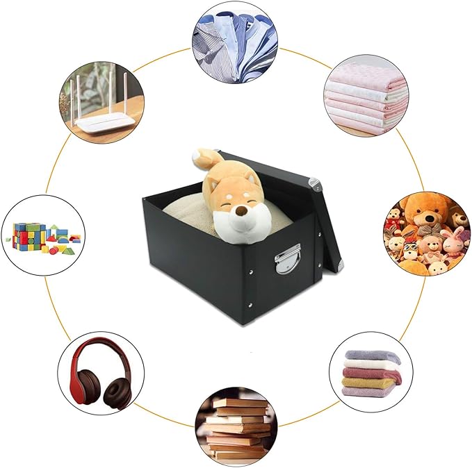 GUOZI Collapsible Storage Box, Decorative Memory Box with Lid & Metal Reinforced Corners, Organizer Gift Box for Keepsake Toy Photos Office Nursery Wardrobe Bookshelf (2Pcs-Black, 35 * 25 * 17.5cm)-NeatNest