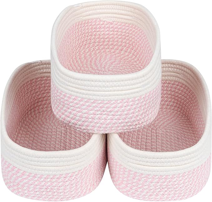 CubesLand Rectangle Organization/Storage Basket, Natural Cotton Rope Woven Baskets for Organizing, Small Basket for Kids, Baby Nursery, Cat Dog Toy Baskets, Organizer Bins for Shelves 3 Packs-NeatNest