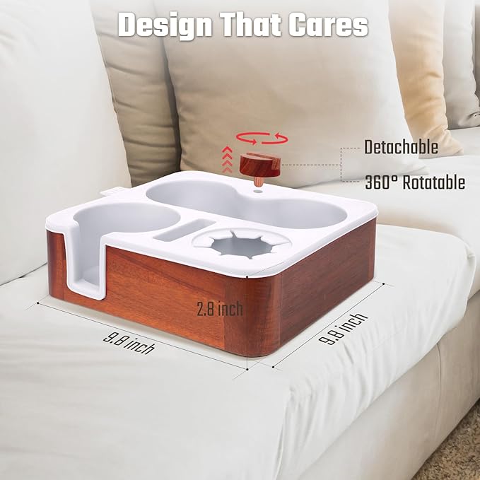 Couch Cup Holder Tray, Real Acacia Wooden Caddy with Soft Silicone, Snack and Drink Organizer- Perfect Movie Night Accessories for Bed, Remote and Cup Holders for Sofa (White)-NeatNest