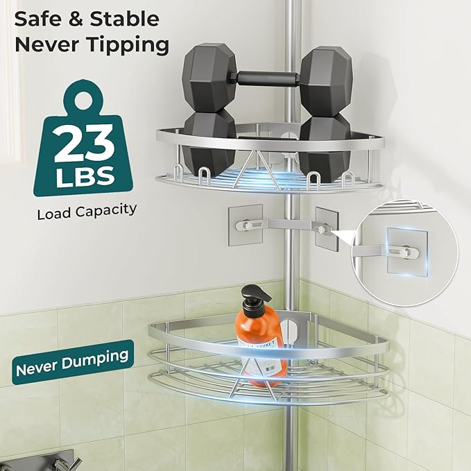 Dicasser Corner Shower Caddy - Tension Pole Rod Organizer, Floor to Ceiling 20-113 inch, Adjustable Towel Rack Waterproof Rustproof, Stainless Steel