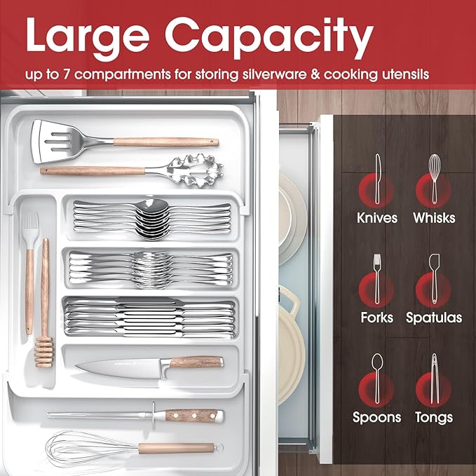 Aujen Silverware Organizer - Expandable Kitchen Drawer Organizer, Adjustable Utensil Organizer, Cutlery Tray for Forks, Knives, Multipurpose Kitchen Organizers and Storage Solution, White, Medium-NeatNest