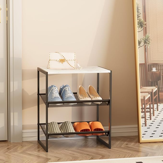 Garden 4 you 3 Tiers Narrow Shoe Rack,Small Space Freestanding Shoe Storage Organizer with White Wooden Tabletop,Adjustable Metal Shelf Stackable Shoe Shelf for Entryway Hallway Living Room Closet-NeatNest