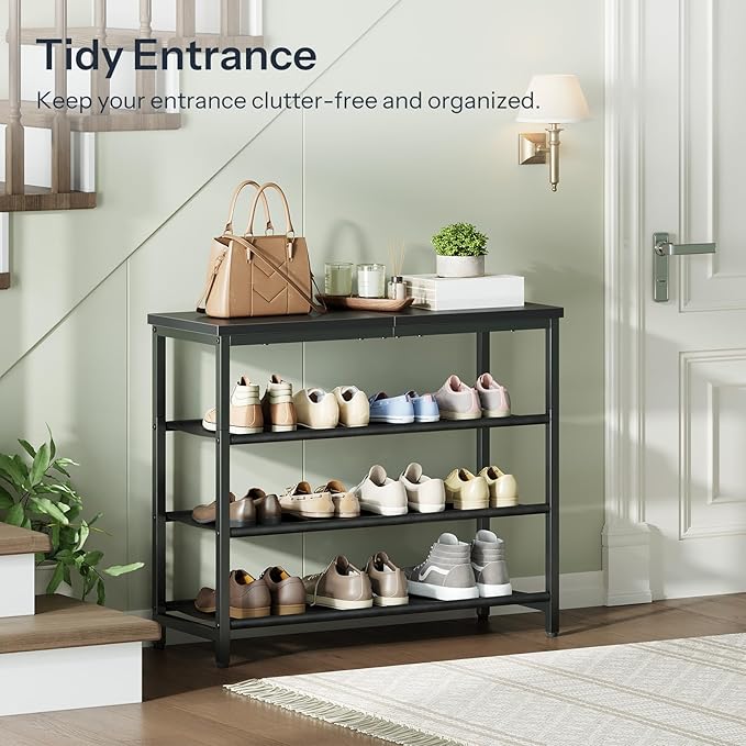 HOOBRO Shoe Rack with 3 PU Shelves, 4-Tier Shoe Storage Organizer for Closet and Entryway, Holds 9-12 Pairs of Shoes, Sturdy Metal Frame, Small Spaces, Black BB94XJ01-NeatNest