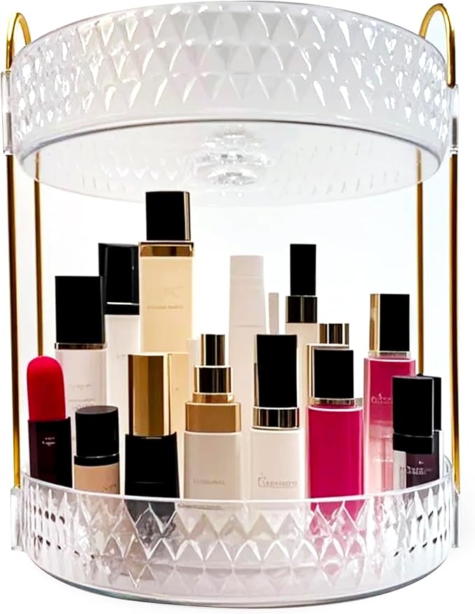 Rotating Makeup Organizer, 2-Tier Vanity Perfume and Skincare Display Shelf, Clear Cosmetic Storage Rack for Bathroom Counter or Dresser (White)