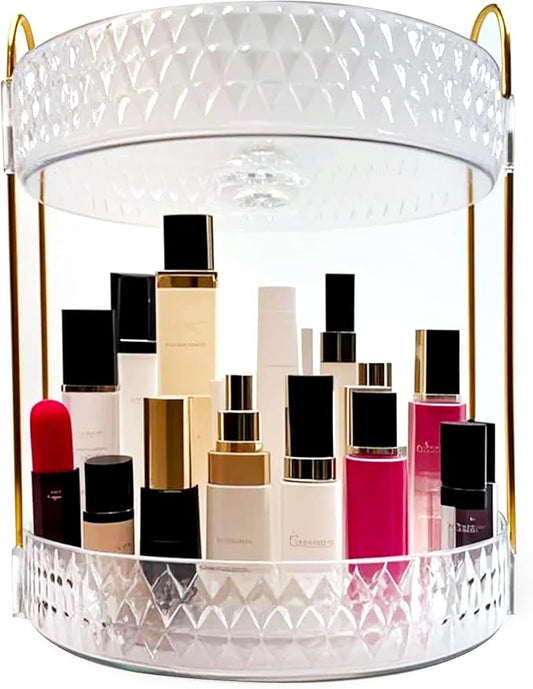Rotating Makeup Organizer, 2-Tier Vanity Perfume and Skincare Display Shelf, Clear Cosmetic Storage Rack for Bathroom Counter or Dresser (White)