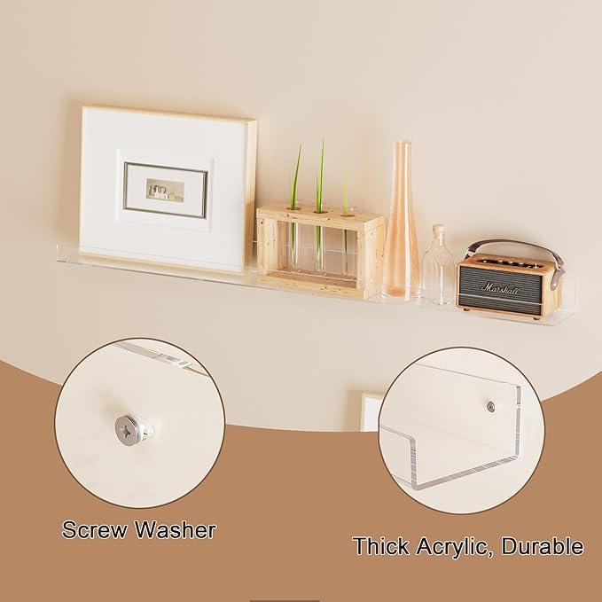 36'' Clear Acrylic Wall Long Shelf 2 Pack, Acrylic Floating Book Shelves, Wall Mounting Invisible Ledge Book Shelf-NeatNest