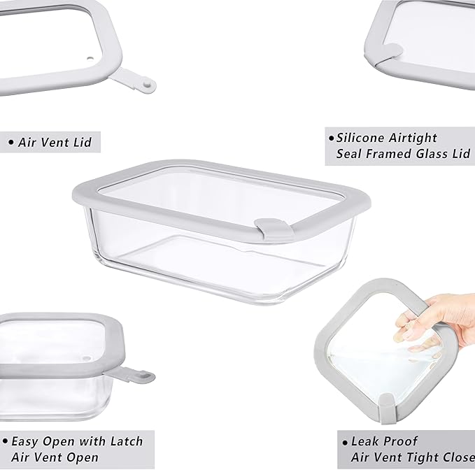 Glass Food Containers with Glass Lid, Microwave Safe Food Storage Container Set, 2 Pack of 50oz, Large Size Airtight Storage Set with Leak Proof Lids, Meal Prep Containers