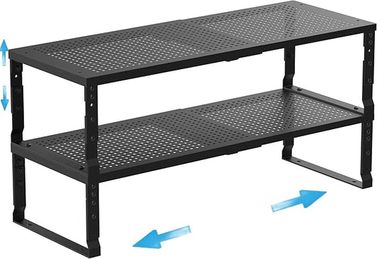 Expandable Spice Rack Kitchen Cabinet Shelf Organizer, Stackable Storage Shelves Racks, Adjustable Counter Shelving for Cabinets, Countertop, Cupboard,Pantry and More(2Packs/Black/Large)-NeatNest