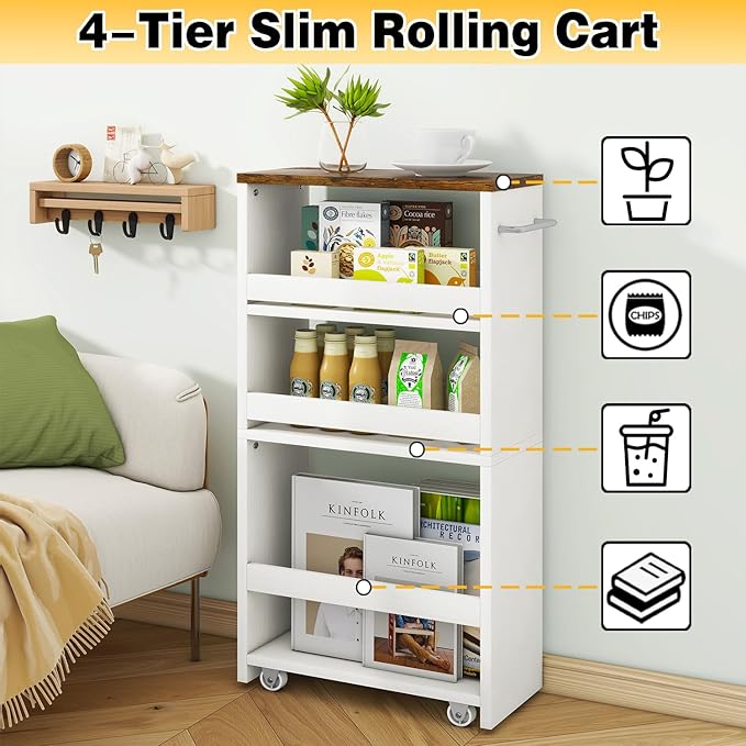 IBUYKE Slim Storage Cart 5.9" W, Rolling Organizer Trolley for Small Spaces, 4-Tier Laundry Cart with Handle, Slide Out Utility Cart for Kitchen, Living Room, Laundry,Narrow Places,White WST005W