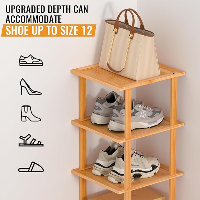 Bamboo Free Standing Shoe Rack Shelf Multi Tier Tall Wooden Stackable Shoes Rack Organizer for Closet Front Door Entrance Narrow Vertical Shoe Storage Rack for Corner Stand (Bamboo, 7 Tiers)-NeatNest