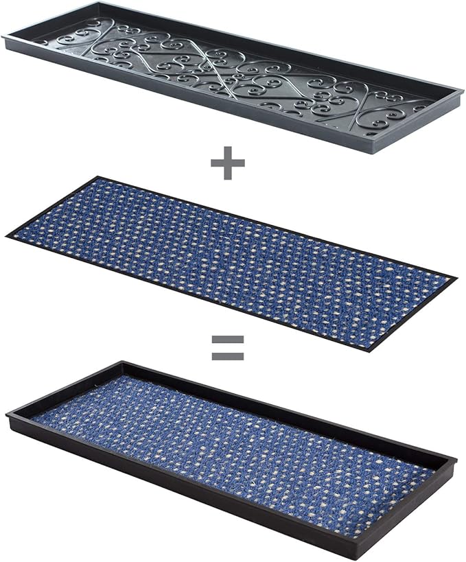 Anji Mountain Heavy Duty Waterproof Rubber Shoe Storage Mat Organizer/Boot Storage Tray Multi Use for Entryway with Coir, Blue and Ivory Insert, Fits 3 Pair (34.5" Wide)