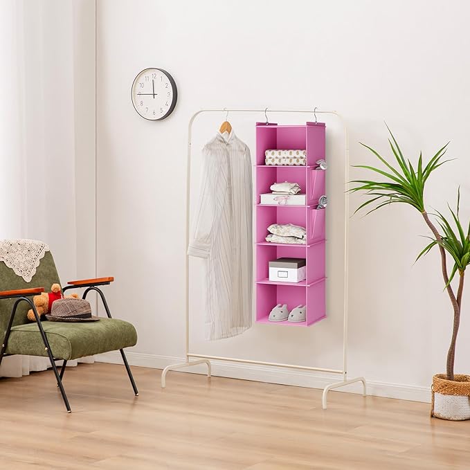 Hanging Closet Organizer, 5-Shelf Closet Hanging Storage Shelves, Light Pink-NeatNest