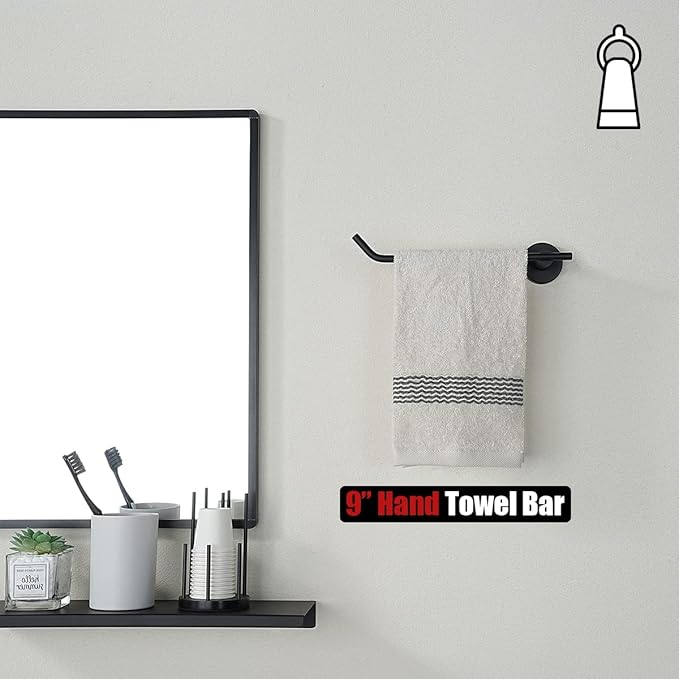 JQK Black Hand Towel Bar, Stainless Steel Towel Ring for Bathroom, 9 Inch Necklace Holder Matte Black Wall Mount Left Hand, TR101-PB
