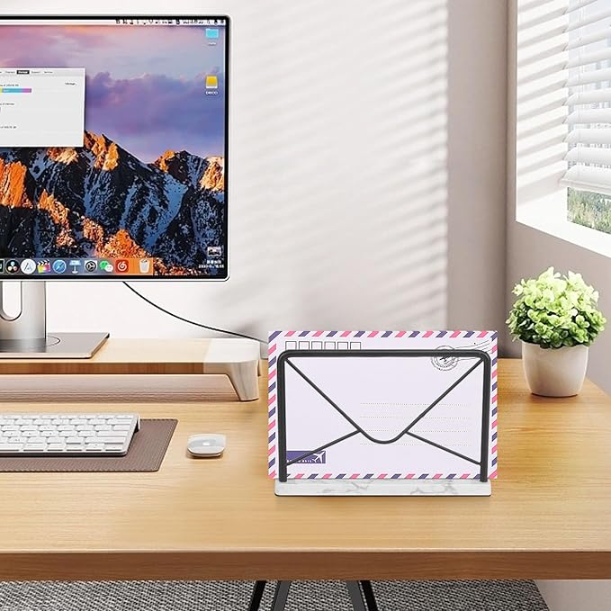 Modern Mail Holder for Home Office, Metal Letter Organizer Sorter for Desk, Cutout Mail Envelope Design, Bill Filling Paper Document Rack, Envelope Storage Rack with Marble Base