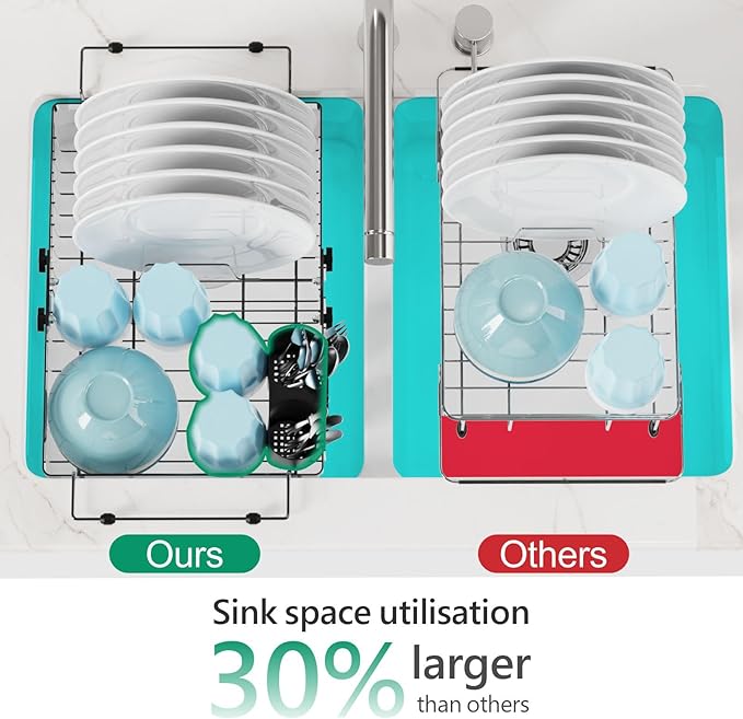 GSlife in Sink Dish Drying Rack - Stainless Steel Capacity Expandable Dish Drainer with Sink Protector, 10.8–17.9" L x 12.8" W, Silver