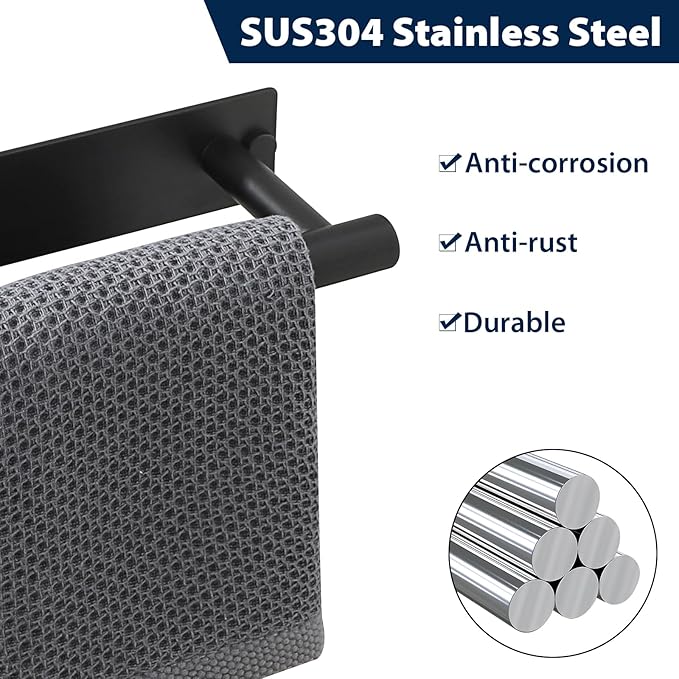 Alise Bath Towel Bars, 8 Inch Towel Hanger Towel Racks for Bathroom, SUS304 Stainless Steel Hand Towel Holder, Wall Mount with Self-Adhesive or Drilling, Matte Black