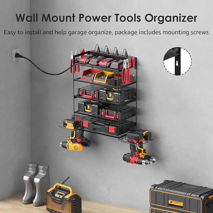 CCCEI Garage Tools Storage with Charging Station. Power Tool Battery Organizer Utility Shelf with Power Strip. 4 Drills Holder Wall Mount Rack, Black 5 Layer.-NeatNest