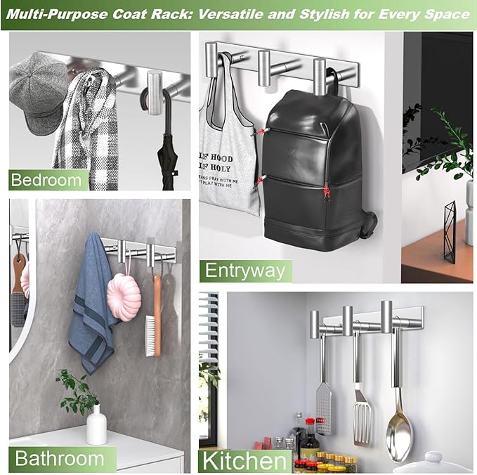 Wall Mounted Coat Rack-3 Hooks, Heavy Duty Stainless Steel Hook Rail for Towel Coat Hat Purse Bag Jacket, Towel Hooks for Entryway Bathroom Kitchen (Silvery 3 Hooks - 1 Pack)-NeatNest