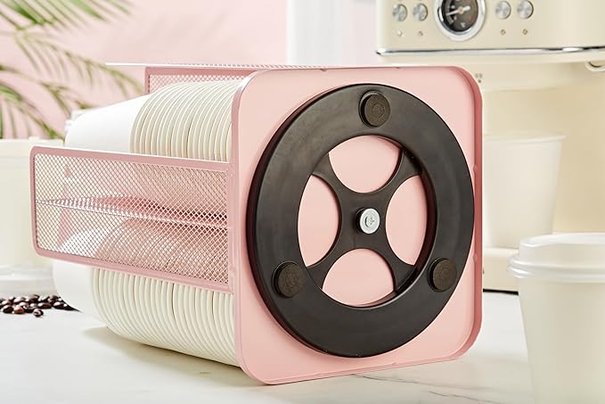 Annova Paper Mug and Lid Holder Plastic Cup Storage Organizer, 360°Rotating Coffee Mug Dispenser with 4 Compartments, Multifunctional Cup Storage Rack for Home, Office, Bar, Coffee Shop (Light Pink)-NeatNest
