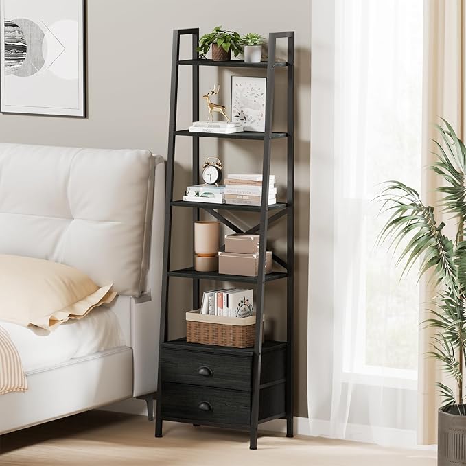 Furologee 5-Tier Ladder Shelf with 2 Drawers,Narrow Bookshelf Storage Shelves,Industrial Bookcase Freestanding Rack Units for Bedroom,Living Room,Bathroom,Home Office,Balcony,Wood Metal, Black Oak