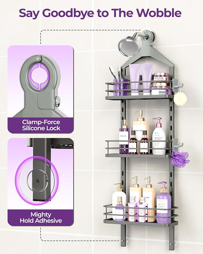 ODesign 3 Tier Height-Adjustable Shower Caddy Hanging Anti-Swing-Over The Shower Head Caddy-Showe r Storage Organizer Bathroom Shelves Basket Caddies-Grey