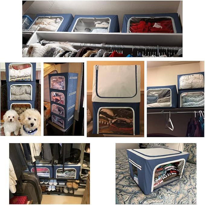 Clothes Storage Box Bins Stackable Foldable Organizer,Sturdy Handles with Metal Frame for Clothing Bedding Shelves,Closet Container with Clear Window Zipper and Label Holder (Navy, 40L x3 Pack)-NeatNest