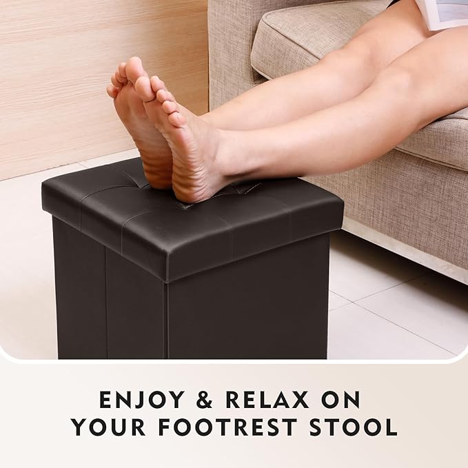 B FSOBEIIALEO Folding Storage Ottoman Cube Footrest Faux Leather for Living Room Seat Chest Brown 12.6"X12.6"X12.6"