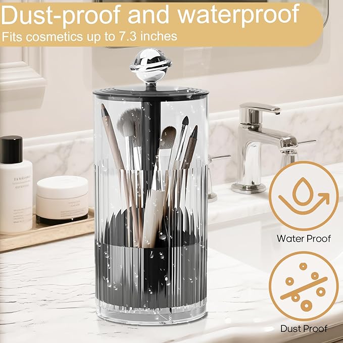 Makeup Brush Holder [Upgrade] with One Touch Open,Makeup Organizer Countertop with Dustproof Lid,Clear Makeup Organizers for Vanity, Desktop, Bathroom (Black)-NeatNest