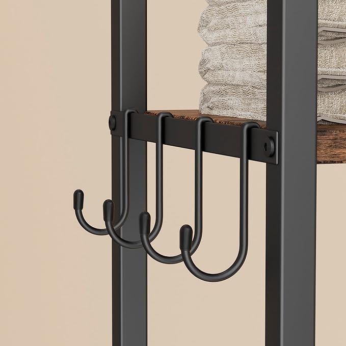 Homhedy 3-Tier Over The Toilet Storage with 4 Hooks and Paper Holder, Space Saving, Bathroom Organizer with Adjustable Feet, Metal Frame and Wooden Shelf,Rustic Brown and Black