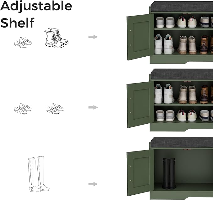 2-Tier Storage Bench, Shoe Bench with Thickened Padded Seat Cushion, Entryway Bench with 4 Doors, Adjustable Shelf, 13.8" D x 45.3" W x 18.5" H, for Entryway, Living Room, Bedroom, Green