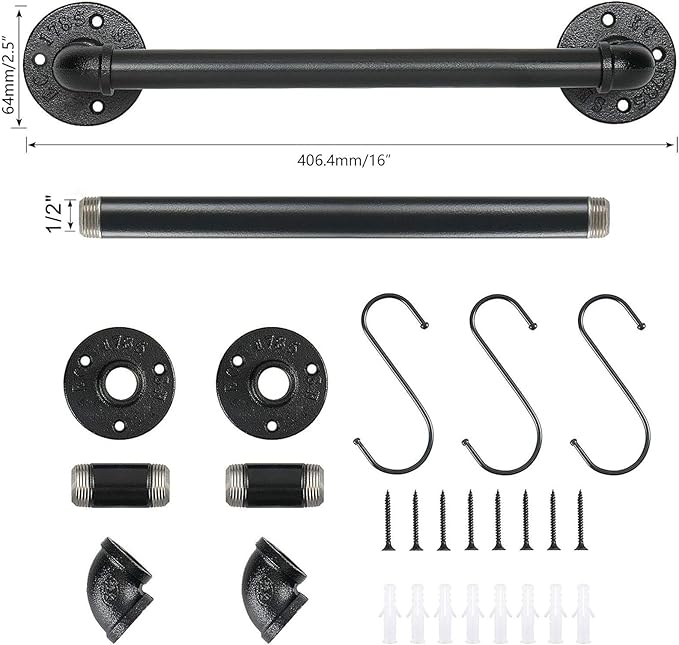 Industrial Pipe Towel Rack Towel Bar, Heavy Duty Wall Mounted Rustic Farmhouse Bath Towel Holder for Bathroom (Black, 16 inch)