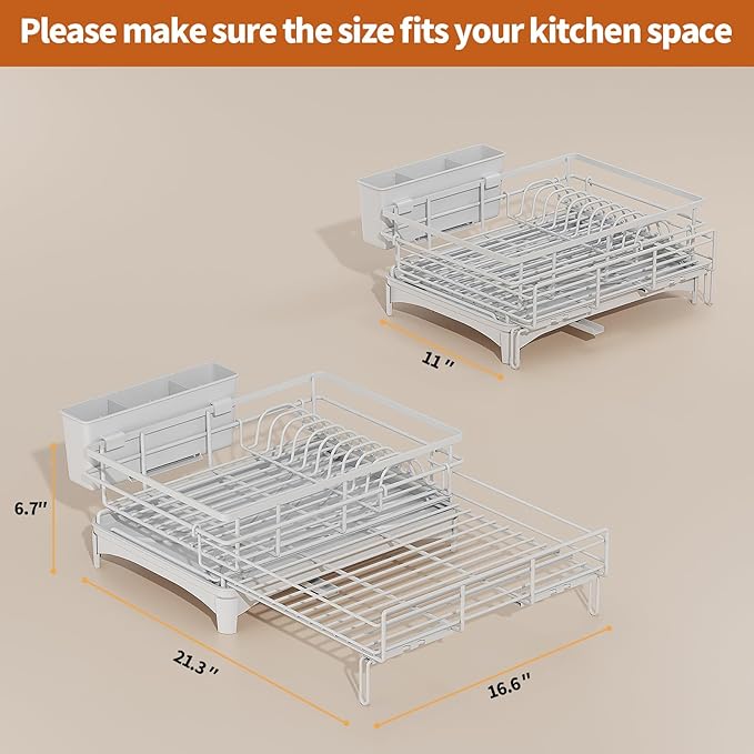 Dish Drying Rack - Expandable Rack, Large Capacity Dish Drainer for Kitchen Counter, Rust-Proof with Utensil Holder, Gray
