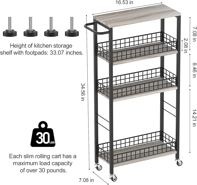 4 Tier Slim Storage Cart Narrow Laundry Cart on Wheels Utility Kitchen Rolling Cart with Wood Tabletop Mobile Shelving Unit Bathroom Storage Organizer Slide Out Rolling Tower for Narrow Spaces-NeatNest