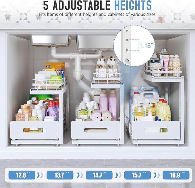 2 Pack 18 IN Depth Under Sink Organizer with Smooth Ball Bearing Slides,2-Tier Pull Out Cabinet Storage,Slide Out Drawers for Bathroom&Kitchen,Rust-resistant Coating,Height Adjustable-White-NeatNest
