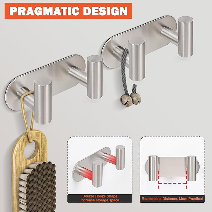 HarJue Bath Towel Hooks, 304 Stainless Steel Robe Towel Hanger Heavy-Duty Rustproof Coat Hook for Bathroom and Kitchen-Wall Mounted, Double Holder Hook (Brushed Nickel,1 Pack-Round)
