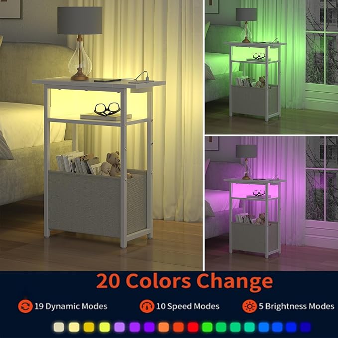 Narrow Side Table with Charging Station, LED End Table Set of 2 for Small Spaces, Skinny Nightstands Set 2 with Storage Basket, 3 Tier Sofa Bedside Tables for Living Room,Bedroom, White