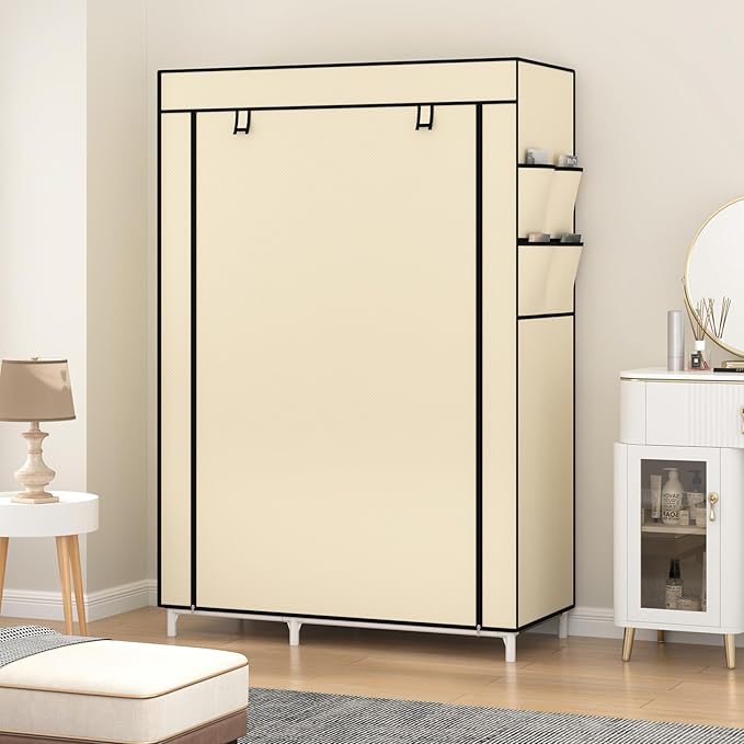 Calmootey Portable Closet Organizers, Clothing Storage, Wardrobe with 6 Shelves and Hanging Rod, Non-Woven Fabric Cover with 4 Side Pockets, Beige-NeatNest