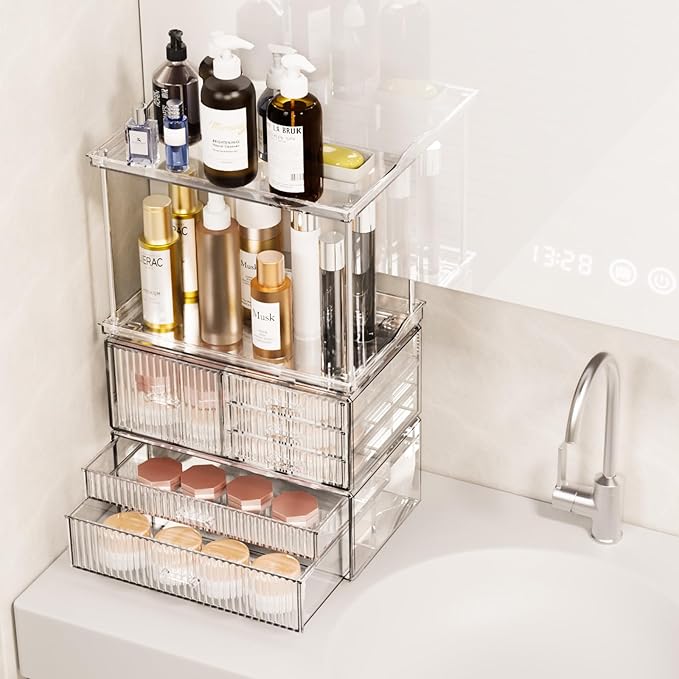 Acina Bathroom Countertop Organizers and Storage: 2-Tier 6-Drawer Makeup Organizer Countertop, Easy to Install, Ideal for Bathroom Storage, Vanity, Perfume, Large Skincare Items, Present, Clear-NeatNest