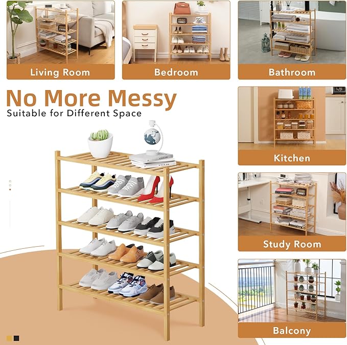 5 Tier Bamboo Shoe Rack Storage Organizer for Closet, Multifunctional Stackable Free Standing Shoe Shelf Organizer for Small Space,Entryway,Hallway,Bathroom 27"x11"x32"(Natural, 5 Tier)-NeatNest
